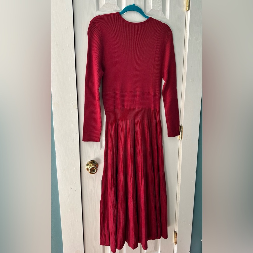 Red Ribbed Knit Wrap Flattering Midi Dress Fit & Flare XL - Picture 6 of 7